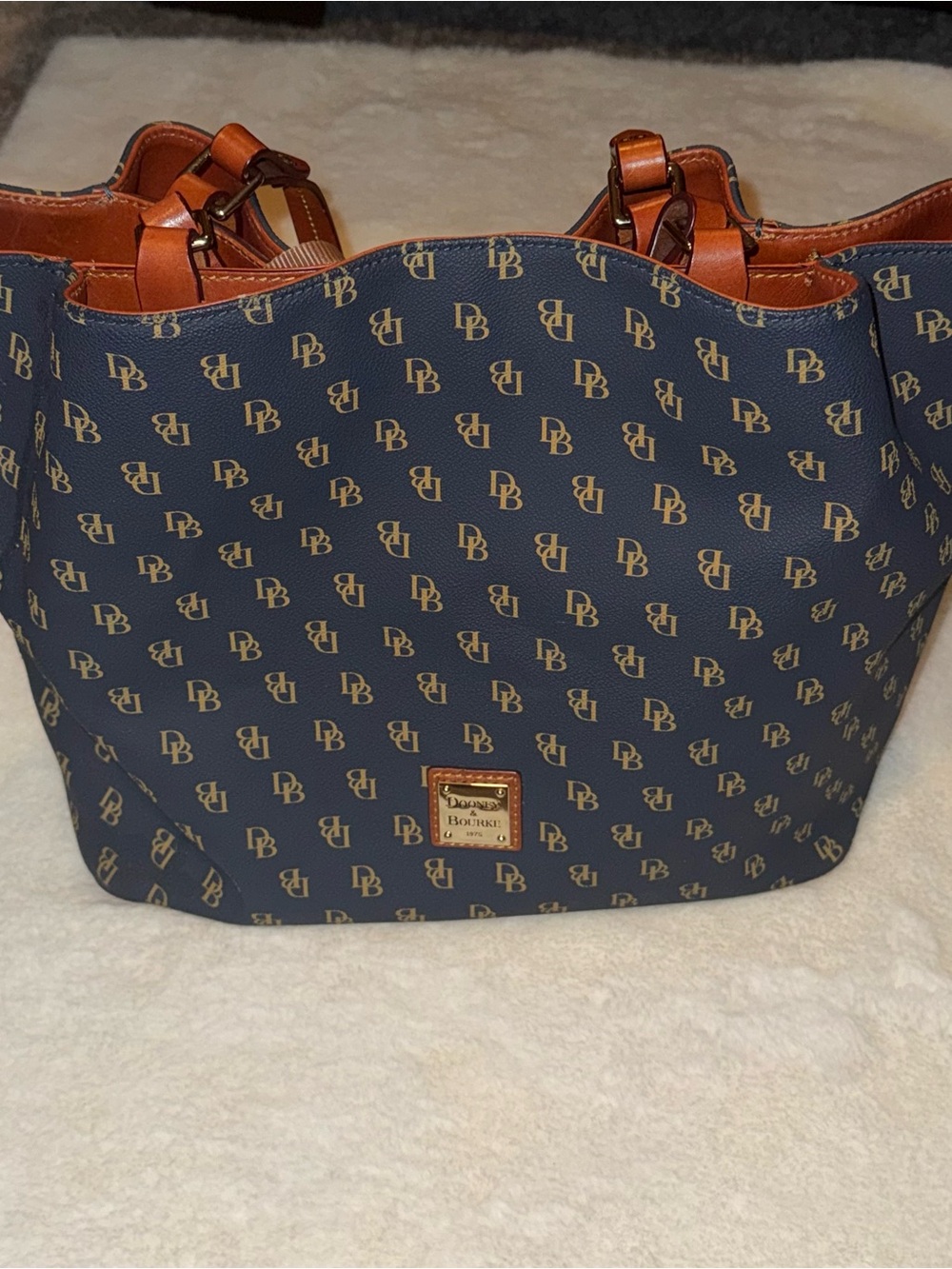 Dooney & Bourke Navy Tote with Brown Leather Trim